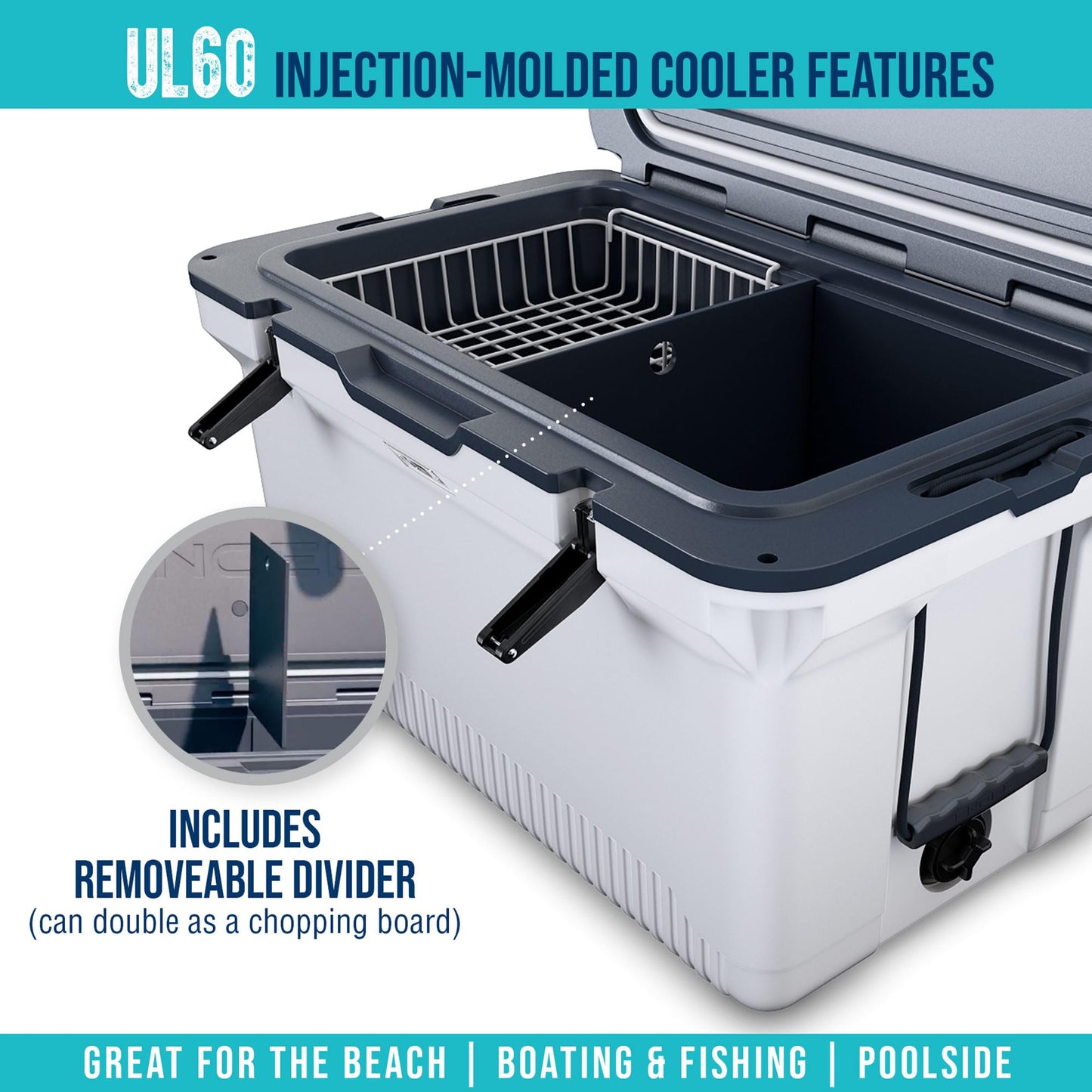 ENGEL 60 QT Ultra-Light Injection Molded Cooler - Ice Chest Keeps Ice up to 7 Days - Large Cooler Includes Wire Basket, Divider and Built-in Bottle Opener - Seafoam with Dark Grey Interior (Seafoam)