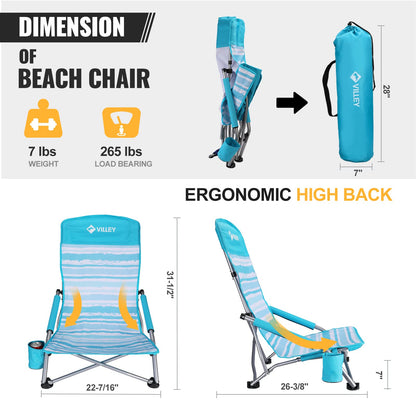 VILLEY Low Beach Chair, High Back Folding Chair for Adults, Lightweight and Portable for Outdoor, Camping, Lawn, Music Festival, with Cup Holder and Carry Bag - Blue Stripes