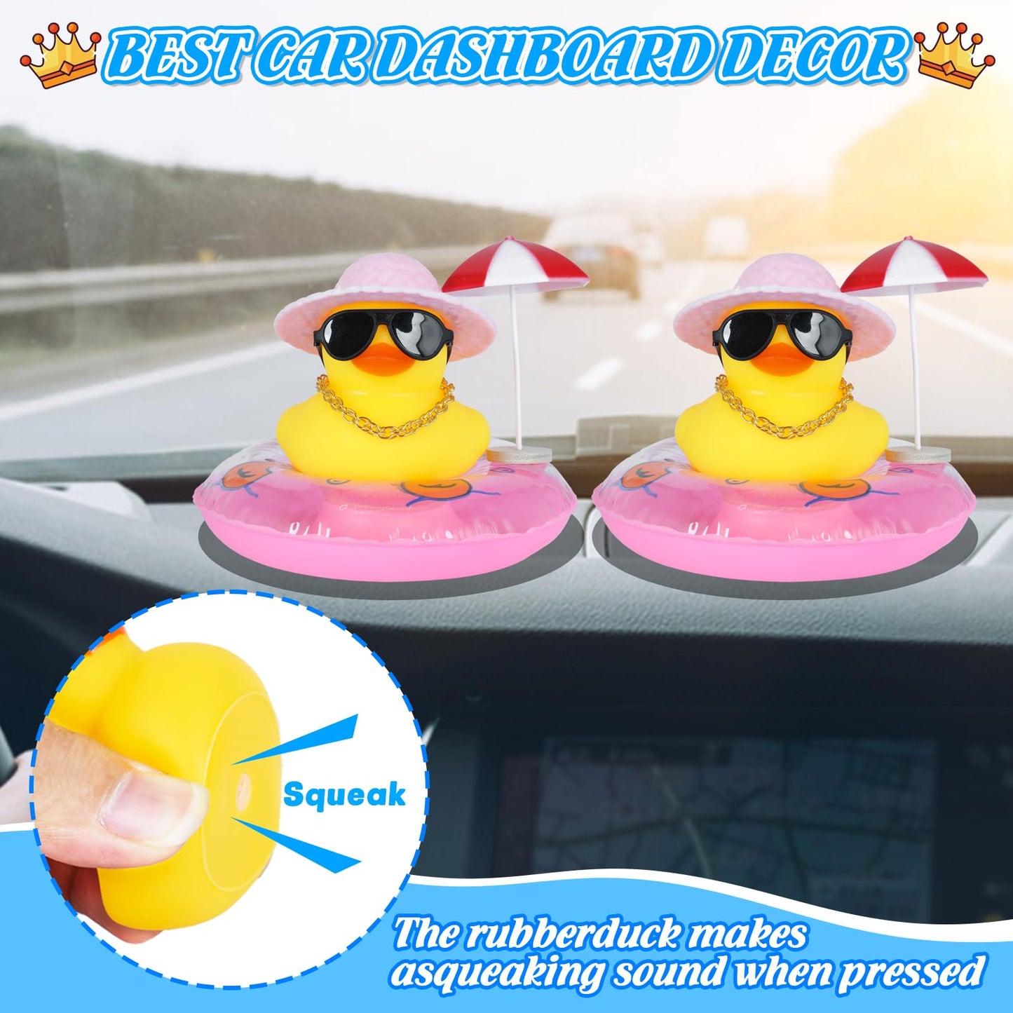 Rubber Duck Car Decorations with Pink Sun Hat, Umbrella & Sunglasses, Funny Dashboard Accessories for Cars, DIY Cute Duck Ornaments with Squeak Sound