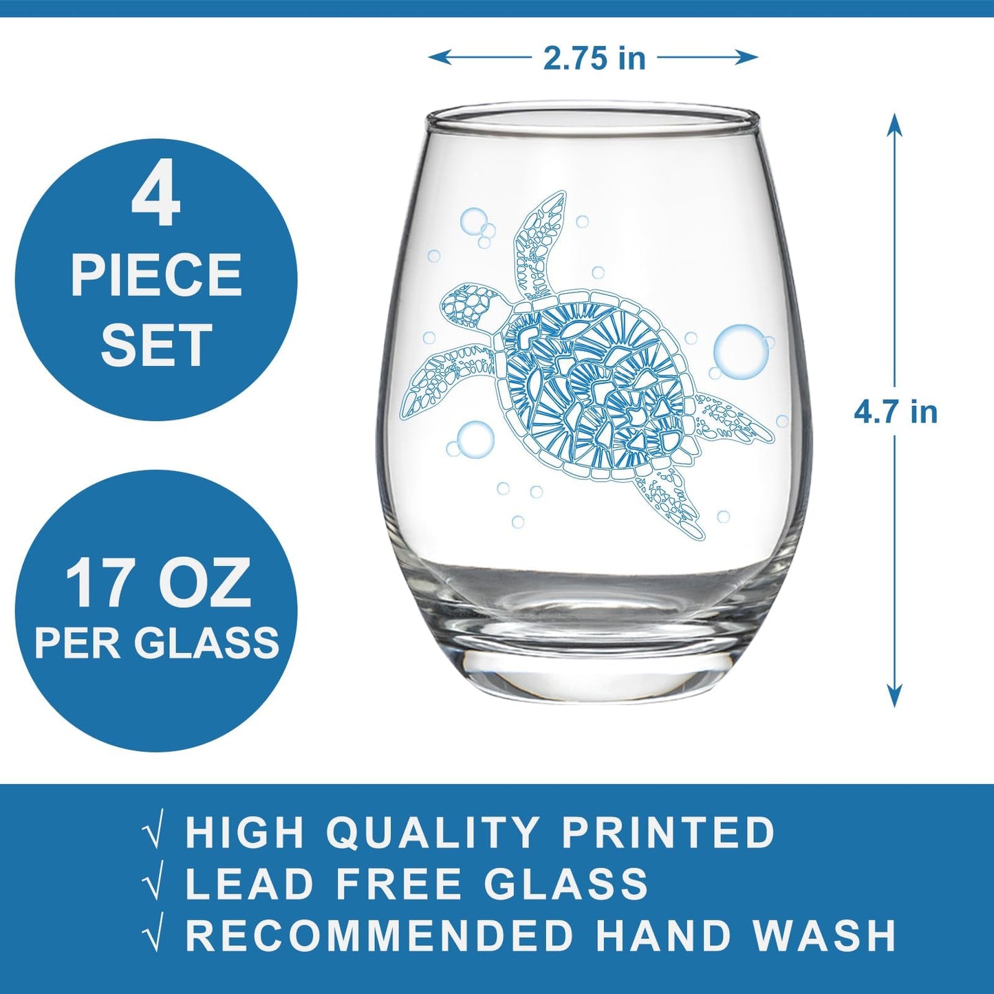 Ocean Themed Stemless Wine Glasses, Set of 4 Seashore Glassware - Sea Turtle, Starfish, Seashell, Conch Shell Assortment, Wine Gifts for Coastal Beach Lovers, Birthday Gifts for Women Mothers Day