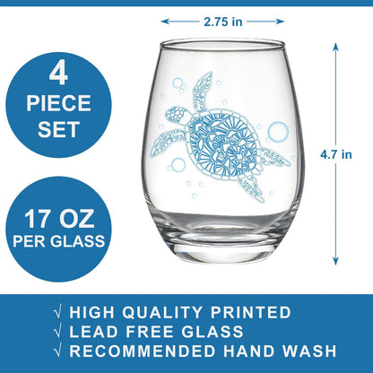 Ocean Themed Stemless Wine Glasses, Set of 4 Seashore Glassware - Sea Turtle, Starfish, Seashell, Conch Shell Assortment, Wine Gifts for Coastal Beach Lovers, Birthday Gifts for Women Mothers Day