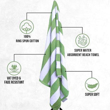 Green Cabana Stripe Extra Large Bulk Beach Towels 33x70 (24 Pack) - 100% Soft Ringspun Cotton Pool Towels Bulk - 2 Dozen Wholesale Beach Towels - Highly Absorbent Large Towels for Hotels, and Resorts