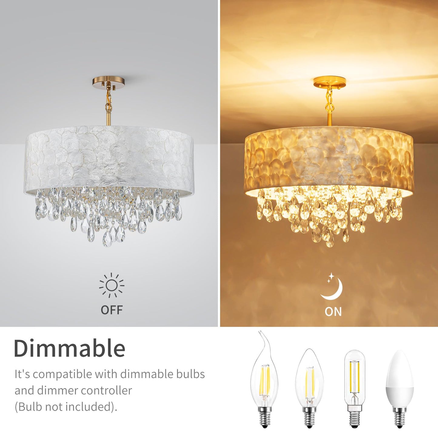 LumFurn 6-Light Drum Capiz Shell Crystal Chandeliers, Coastal Style Pendant Light Fixture for Dining Room, Living Room, D24 x H23~71 inch(Adjustable), Shell Lampshade & Gold Finish