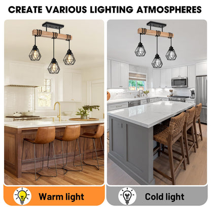 Feanron 3-Lights Farmhouse Dining Room Pendant Light Fixtures Over Table, Rustic Solid Wood Kitchen Island Lighting Hanging with Metal Shades, Modern Black Ceiling Pendant Lamp for Living Room Hallway
