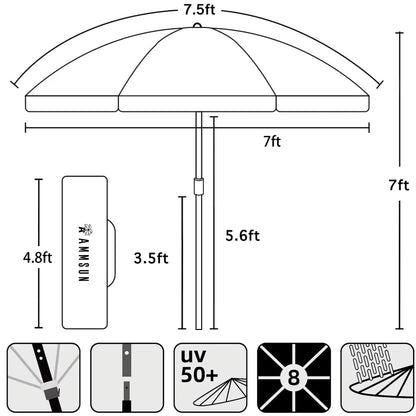 AMMSUN 7.5ft Heavy Duty HIGH Wind Beach Umbrella Commercial Grade Patio Beach Umbrella with Air Vent Ash Wood Pole & Carry Bag Turquoise White
