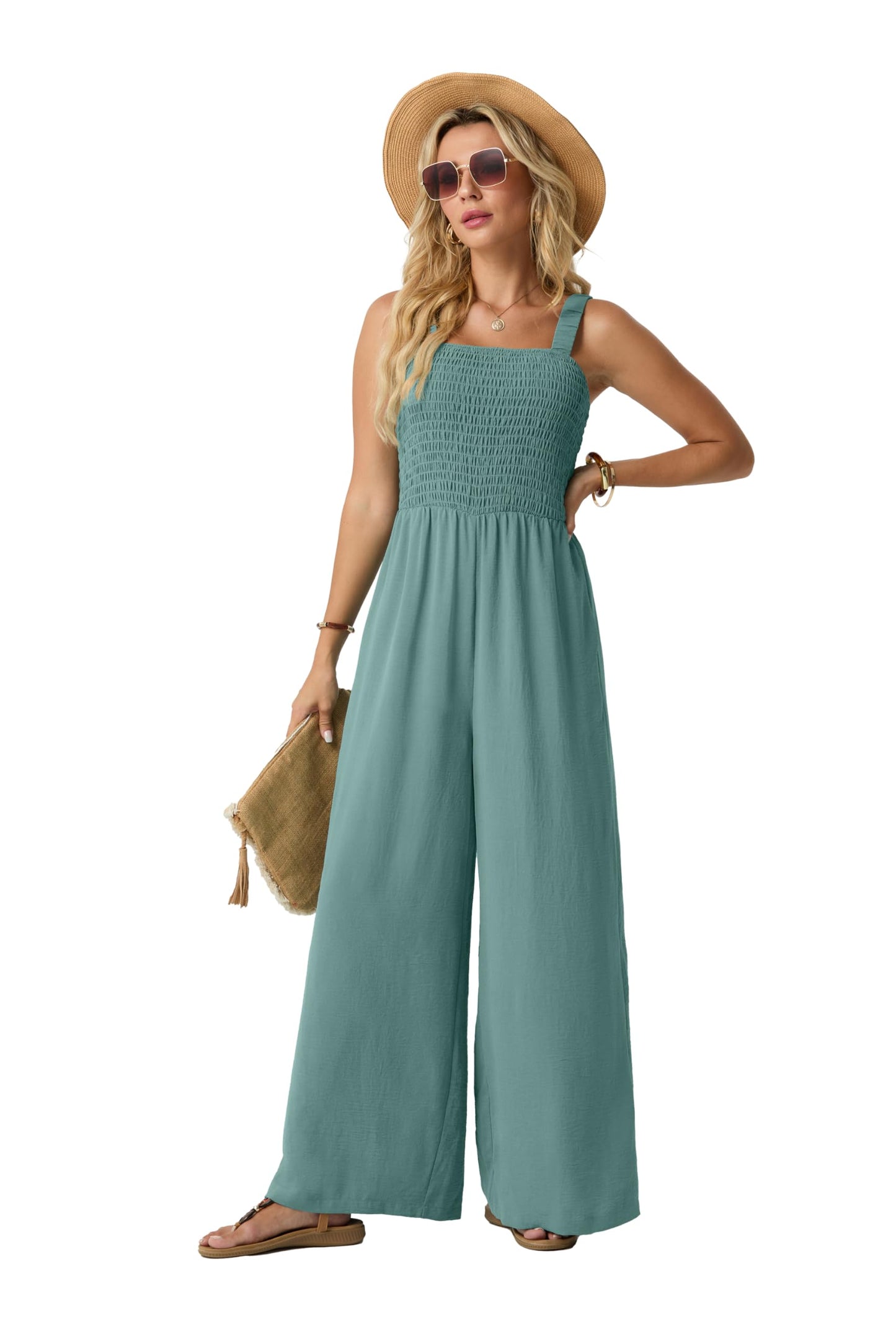 Lepunuo Jumpsuits for Women Casual One Piece Overalls Smocked Wide Leg Long Rompers With Pockets Beach Vacation