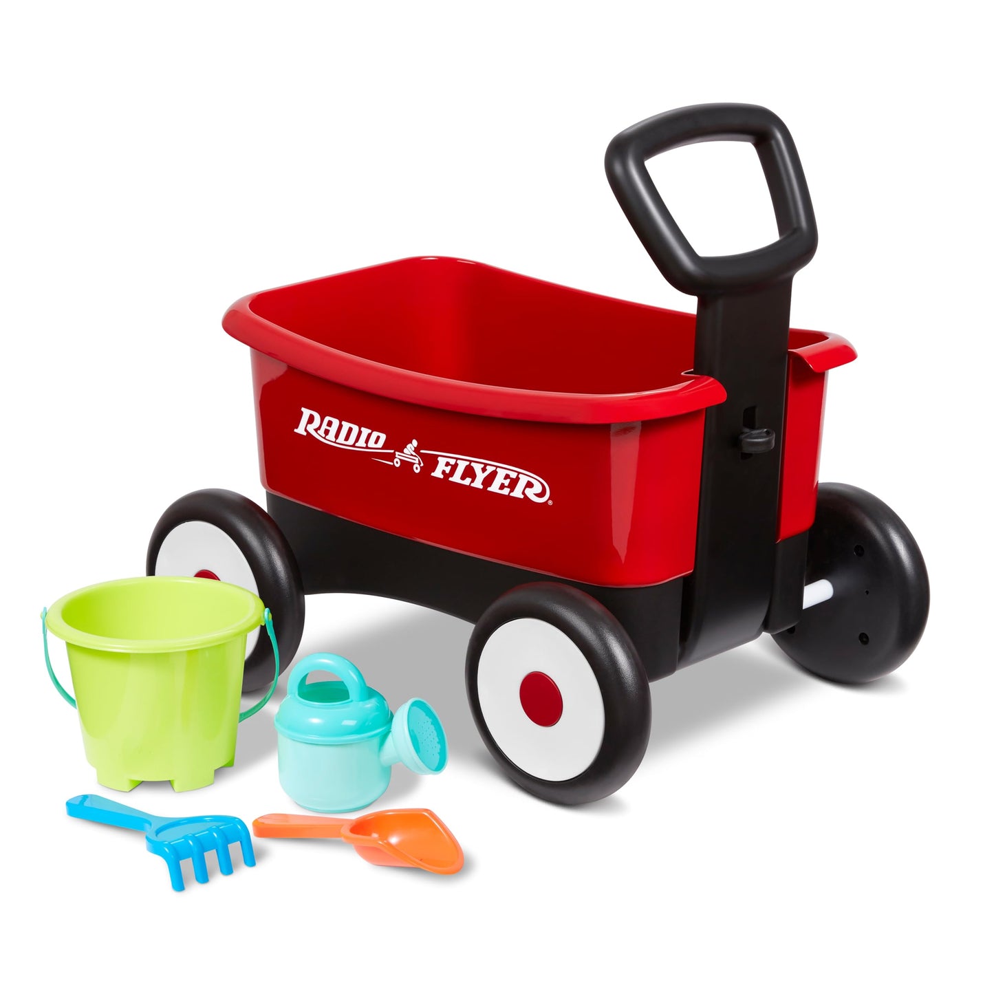 Radio Flyer My 1st Wagon 2-in-1 Walker & Pull Wagon with Beach and Garden Tools for Toddlers Ages 1-4, Red