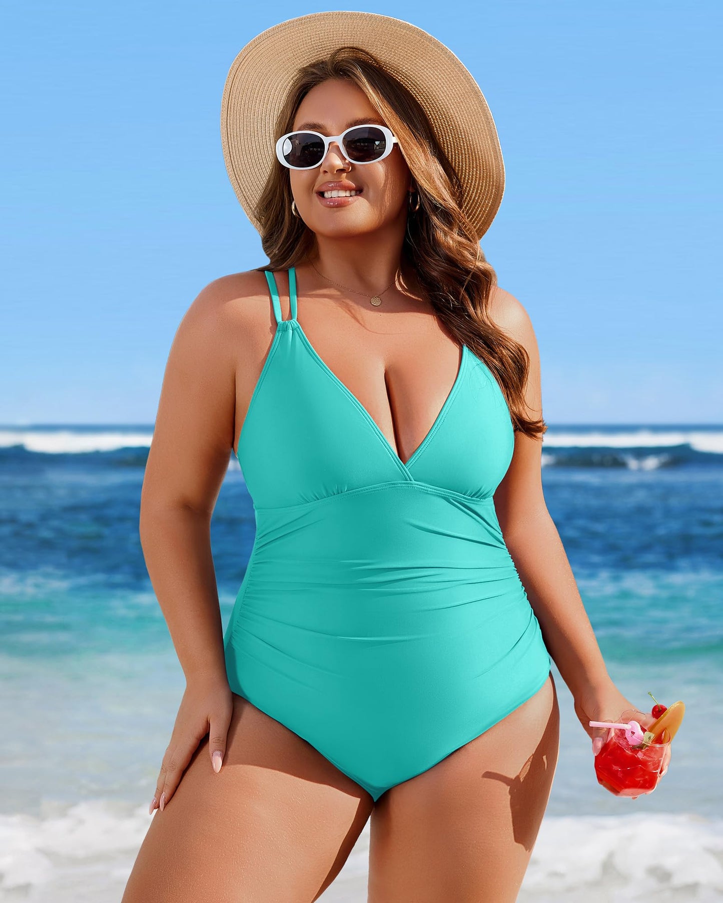 Charmo Tummy Control One Piece Bathing Suits for Women Ruched Bathing Suits Crisscross Back Swimwear L Aqua