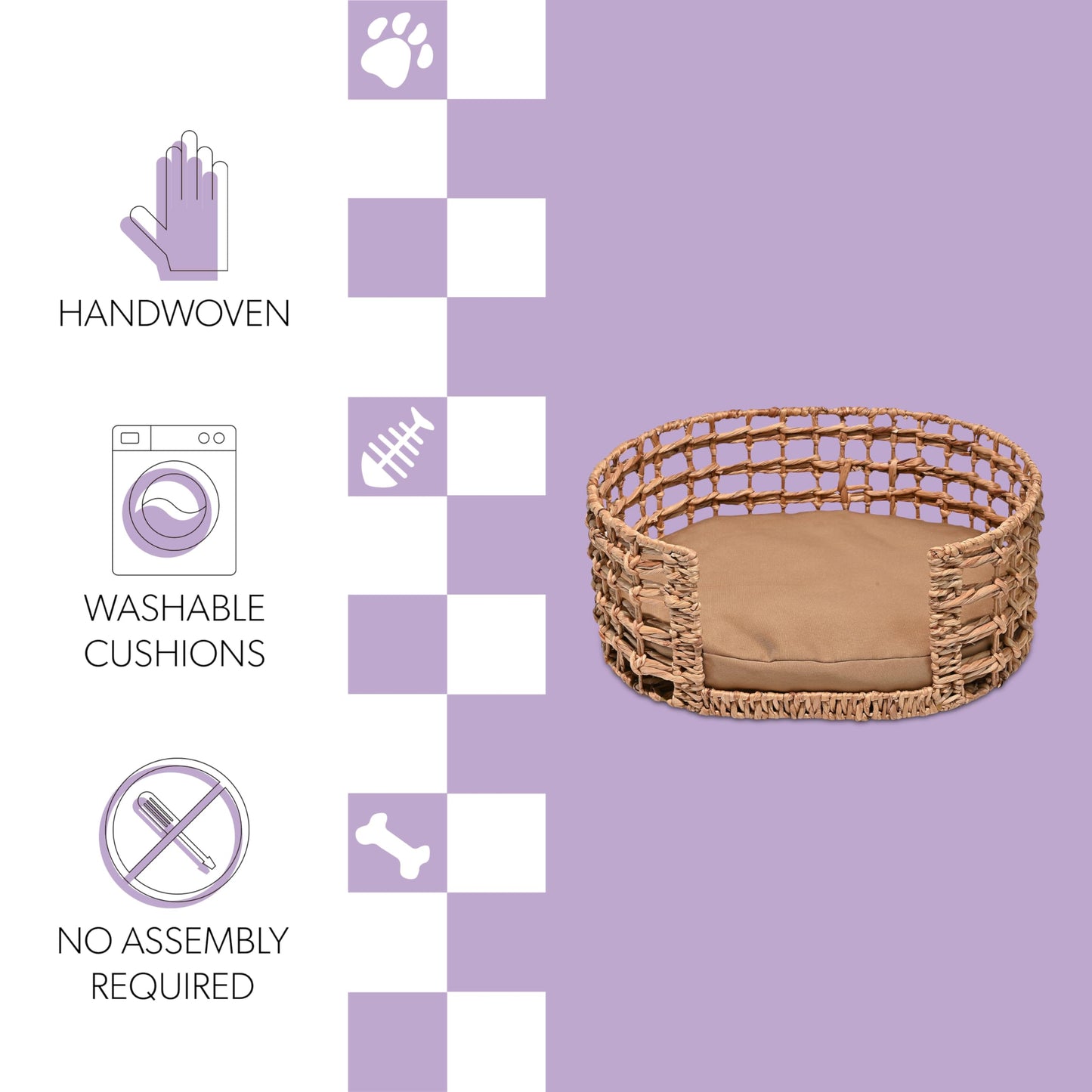 The LICKER Store DBD4000A Gigi 24" x 18" Modern Bohemian Handwoven Hyacinth Open-Weave Oval Pet Bed with Machine-Washable Cushion, Natural