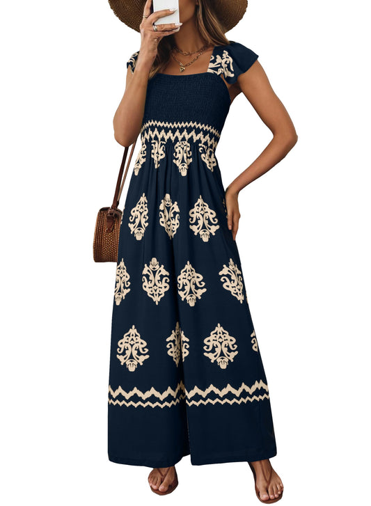 Happy Sailed Women's Jumpsuits Summer Square Neck Floral Printed Boho Jumpsuit Wide Leg Long Pants Rompers for Women Dressy Casual Overalls Beach Fashion Cruise Outfits for Women 2026 Dark Blue L