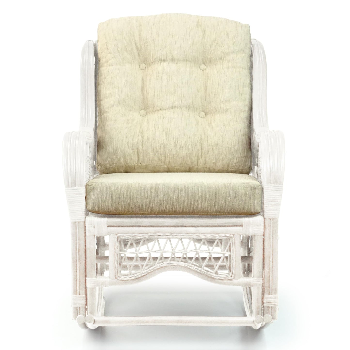 Malibu Lounge Rocking Chair ECO Handmade Natural Wicker Rattan White Color with Cream Cushion, Indoor ONLY