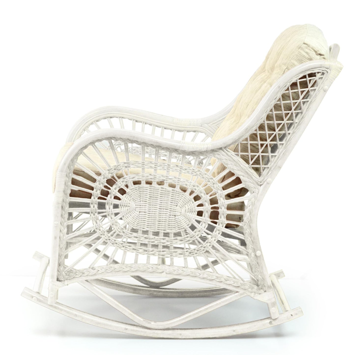 Malibu Lounge Rocking Chair ECO Handmade Natural Wicker Rattan White Color with Cream Cushion, Indoor ONLY