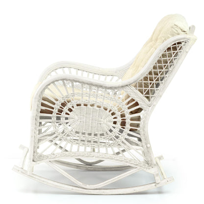 Malibu Lounge Rocking Chair ECO Handmade Natural Wicker Rattan White Color with Cream Cushion, Indoor ONLY