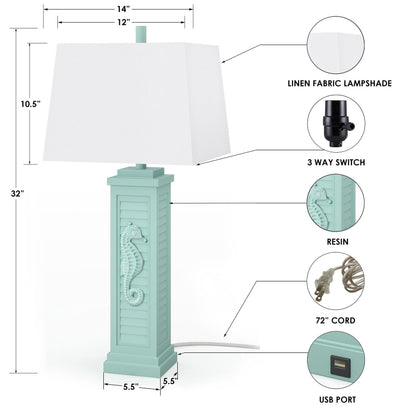 Lux Lighting Sea Horse Shutter 32” Teal Blue/Green Coastal Lamp with USB Charging Port (Set of 2) 3-Way Switch