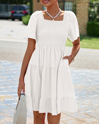 BTFBM Womens Summer Smocked Mini Dress Spring Square Neck Flutter Sleeve Casual Ruffle Swing Boho Beach Dresses Pockets(White, Large)
