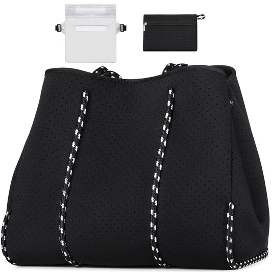 IBFUN Neoprene Bag, Large Multipurpose Beach Bag Upgraded Neoprene Tote Bag with Inner Zipper Pocket for Women/Beach/Pool(Black)