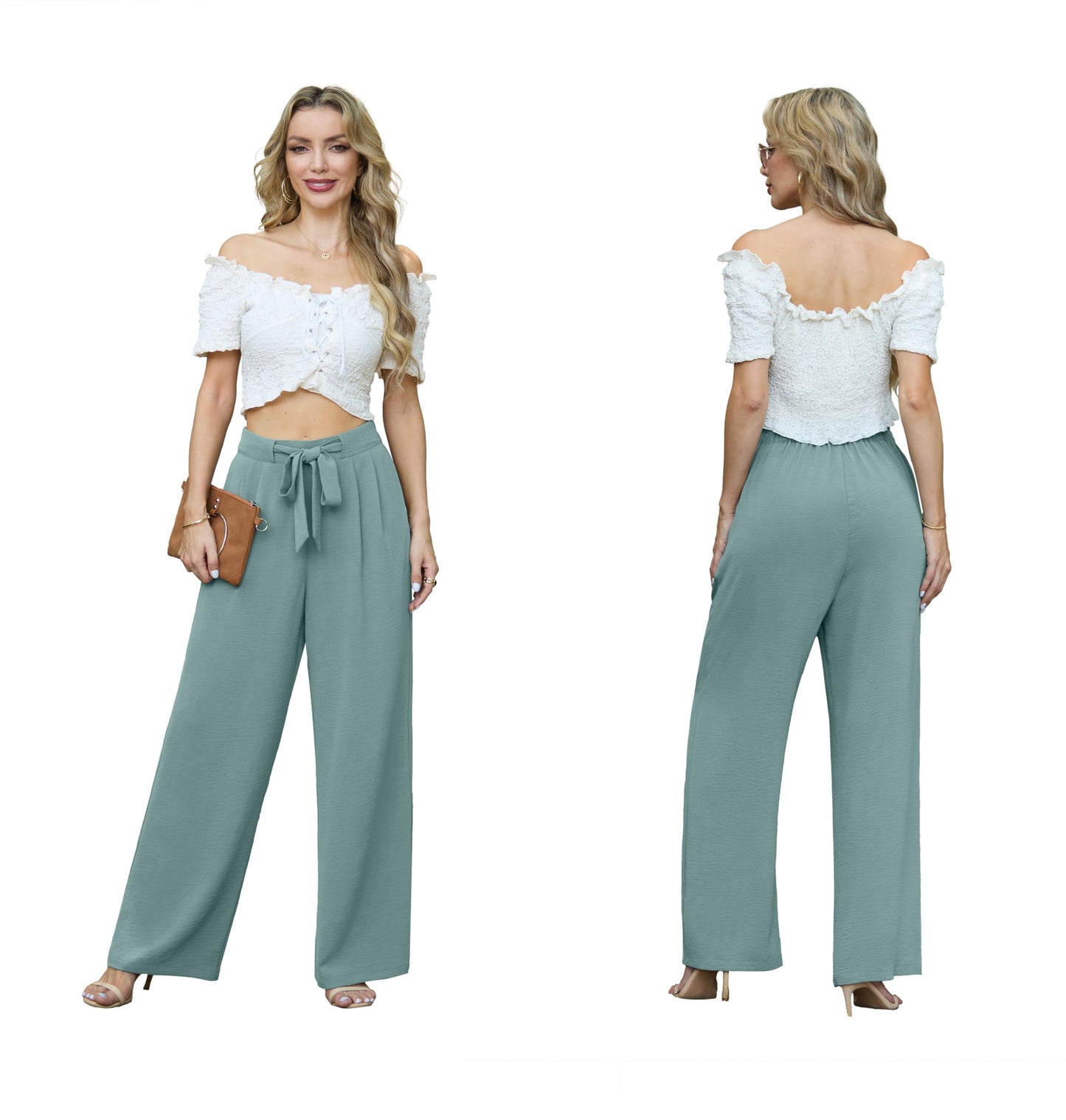 Lepunuo Flowy Pants High Waisted Wide Leg Pants Work Casual Palazzo Pants Tie Knot Lounge Trousers Pants with Pockets