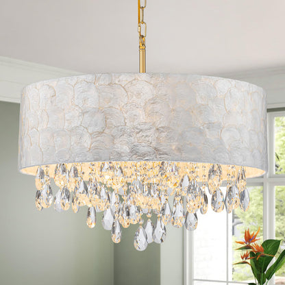LumFurn 6-Light Drum Capiz Shell Crystal Chandeliers, Coastal Style Pendant Light Fixture for Dining Room, Living Room, D24 x H23~71 inch(Adjustable), Shell Lampshade & Gold Finish