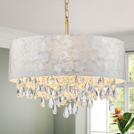 LumFurn 6-Light Drum Capiz Shell Crystal Chandeliers, Coastal Style Pendant Light Fixture for Dining Room, Living Room, D24 x H23~71 inch(Adjustable), Shell Lampshade & Gold Finish