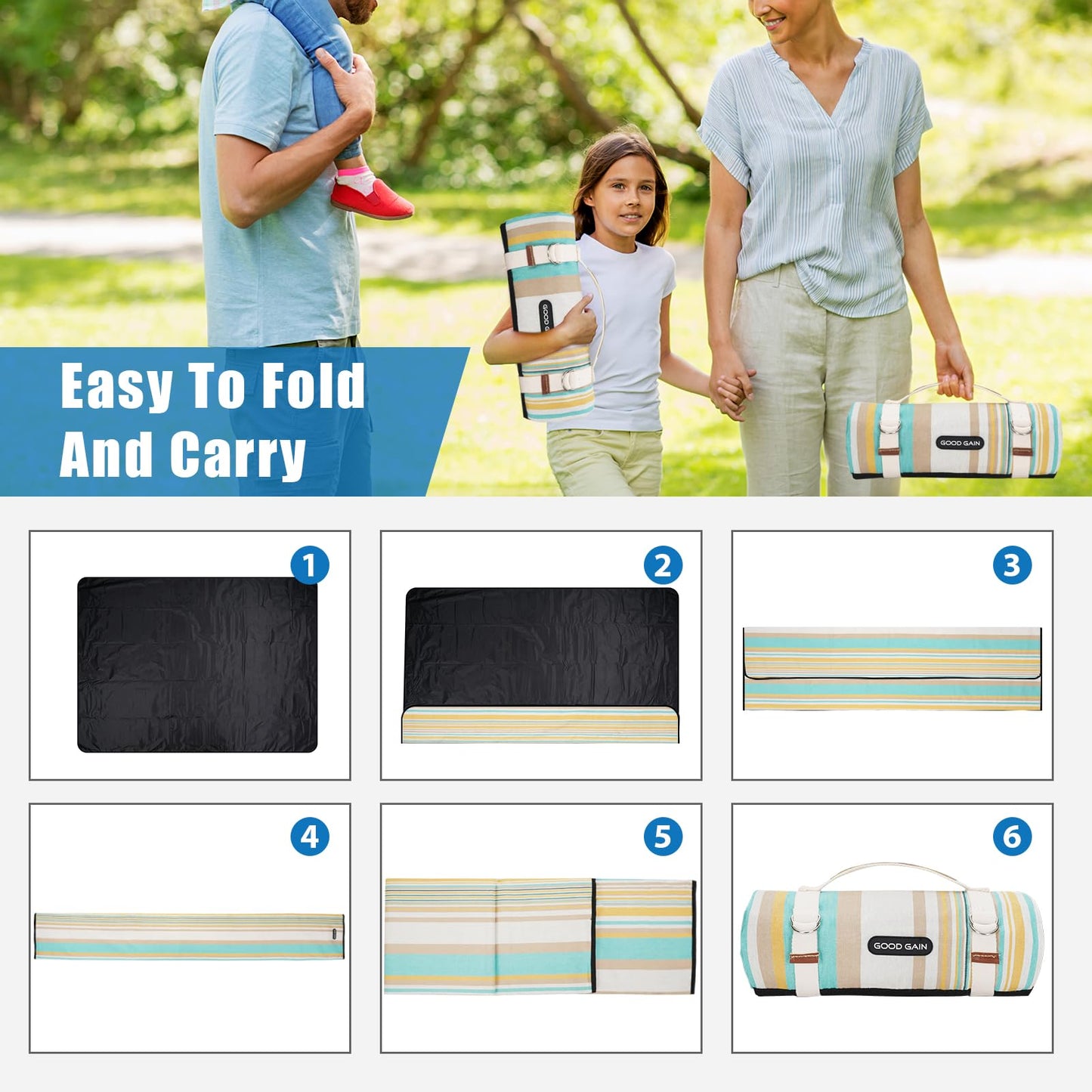 G GOOD GAIN Picnic Blanket Waterproof & Sand Proof,Beach Blanket Portable with Carry Strap, XL Large Foldable Picnic Rug Machine Washable for Camping Party,Wet Grass,Kids Playground.(Pineapple Yellow)