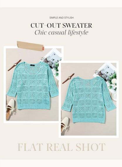 Dokotoo Womens Fashion Ladies Spring Summer Scoop Neck 3/4 Short Sleeve Crochet Top 2026 Pullover Sweaters Work Business Loose Shirts Bathing Suit Cover Up for Women Light Blue XX-Large