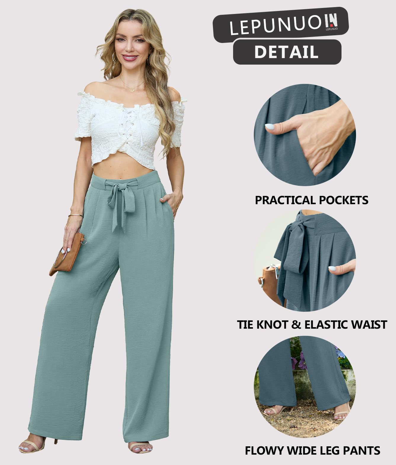 Lepunuo Flowy Pants High Waisted Wide Leg Pants Work Casual Palazzo Pants Tie Knot Lounge Trousers Pants with Pockets