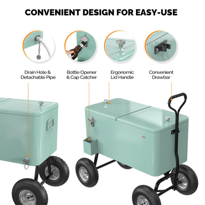 VINGLI 80 Quart Wagon Rolling Cooler Ice Chest, Patio Cooler w/Long Handle and 10" Wheels, Beach Patio Party Bar Cold Drink Beverage Cart