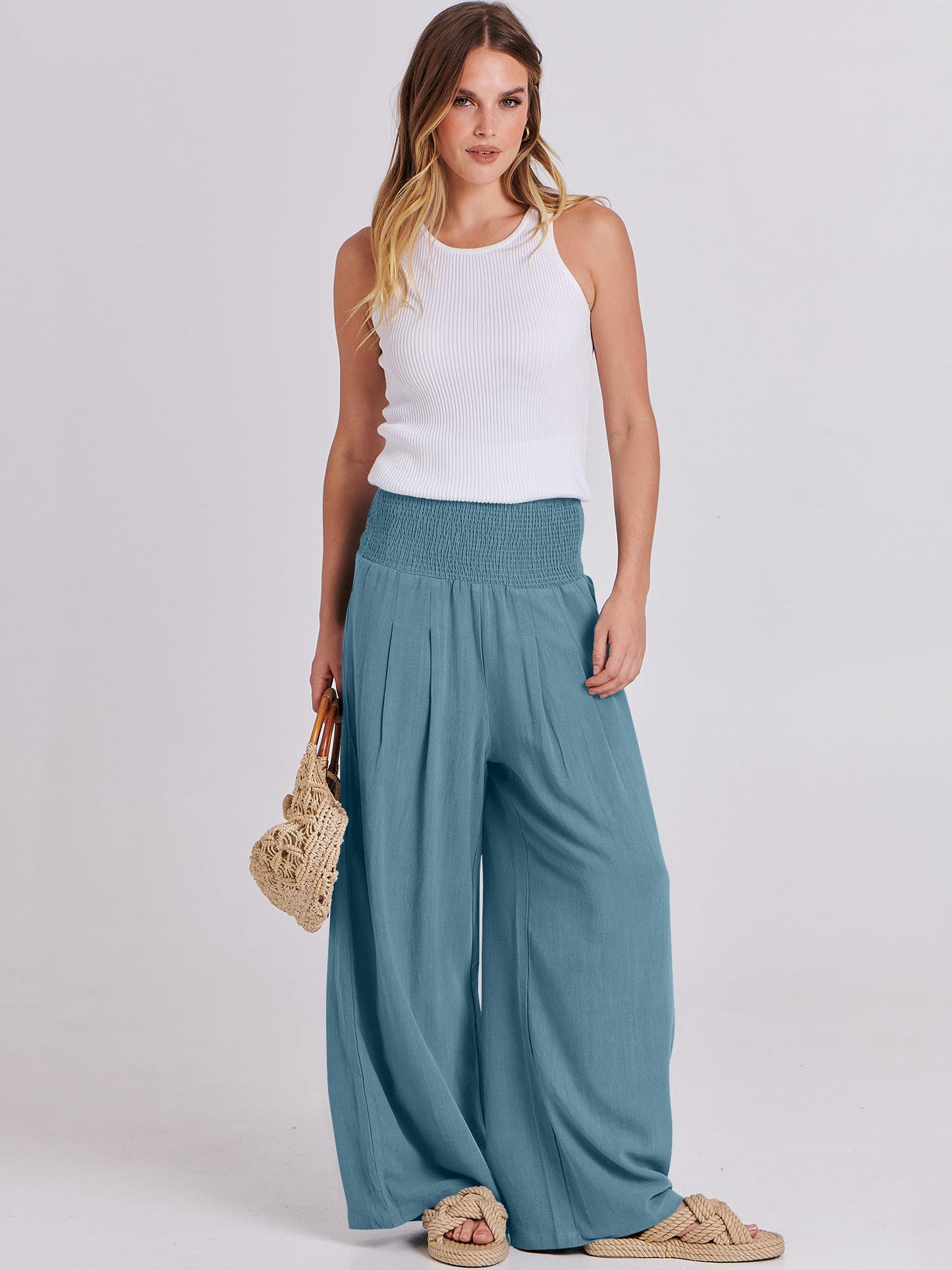 ANRABESS Women Linen Palazzo Pants Summer Boho Wide Leg High Waist Casual Lounge Pant 2026 Beach Travel Vacation Outfits Lake XX-Large