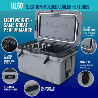 ENGEL 60 QT Ultra-Light Injection Molded Cooler - Ice Chest Keeps Ice up to 7 Days - Large Cooler Includes Wire Basket, Divider and Built-in Bottle Opener - Seafoam with Dark Grey Interior (Seafoam)