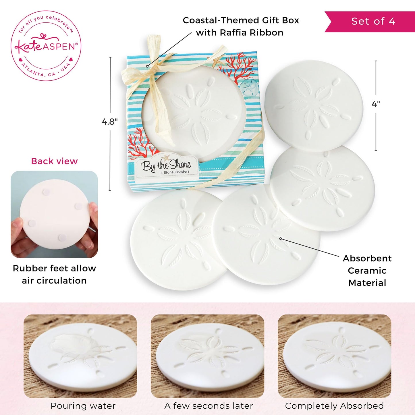Kate Aspen Absorbent Sand Dollar Drink Coasters Set of 4– Coastal Decor, Nautical Home Decorations, Housewarming Gift, & Beach Themed Coasters for Drinks