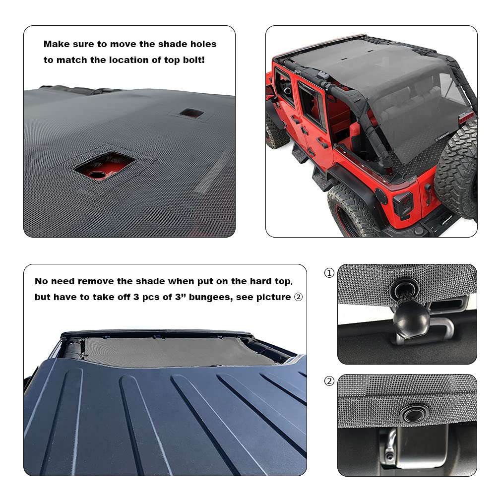 Shadeidea JK Sun Shade Top Compatible with Jeep Wrangler JKU Top Sunshade Soft Mesh Roof Cover (2007-2018)- Wind Noise UV Blocker -10 Year Warranty -4 Door -Gray -Front&Rear&Back (Full Length)