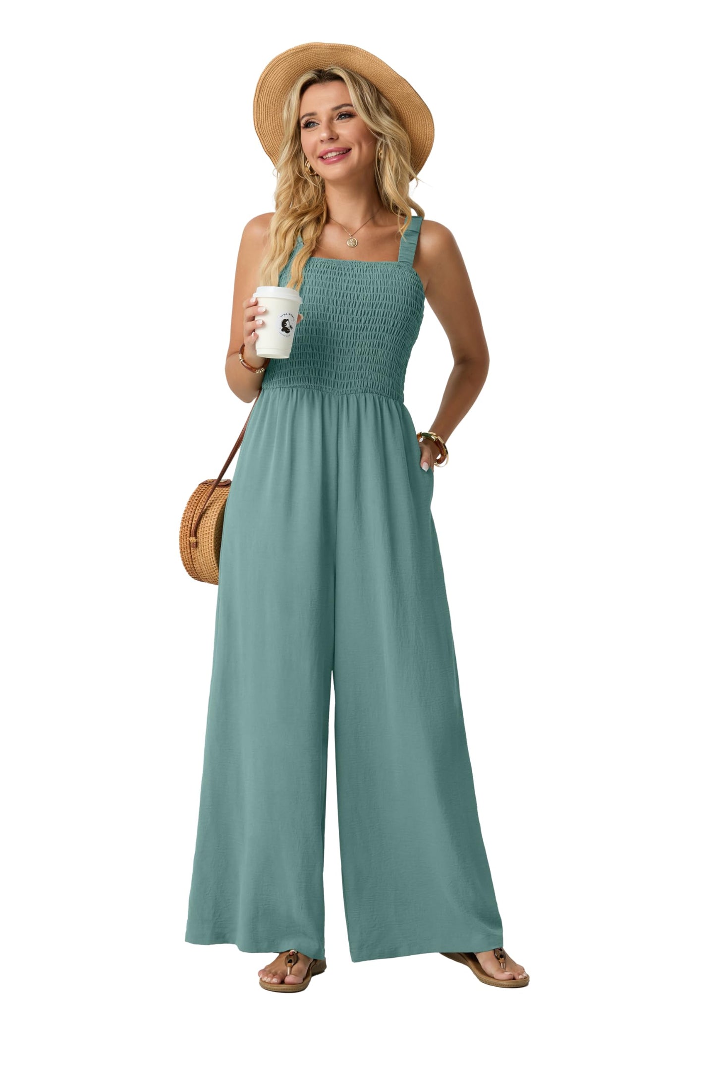 Lepunuo Jumpsuits for Women Casual One Piece Overalls Smocked Wide Leg Long Rompers With Pockets Beach Vacation