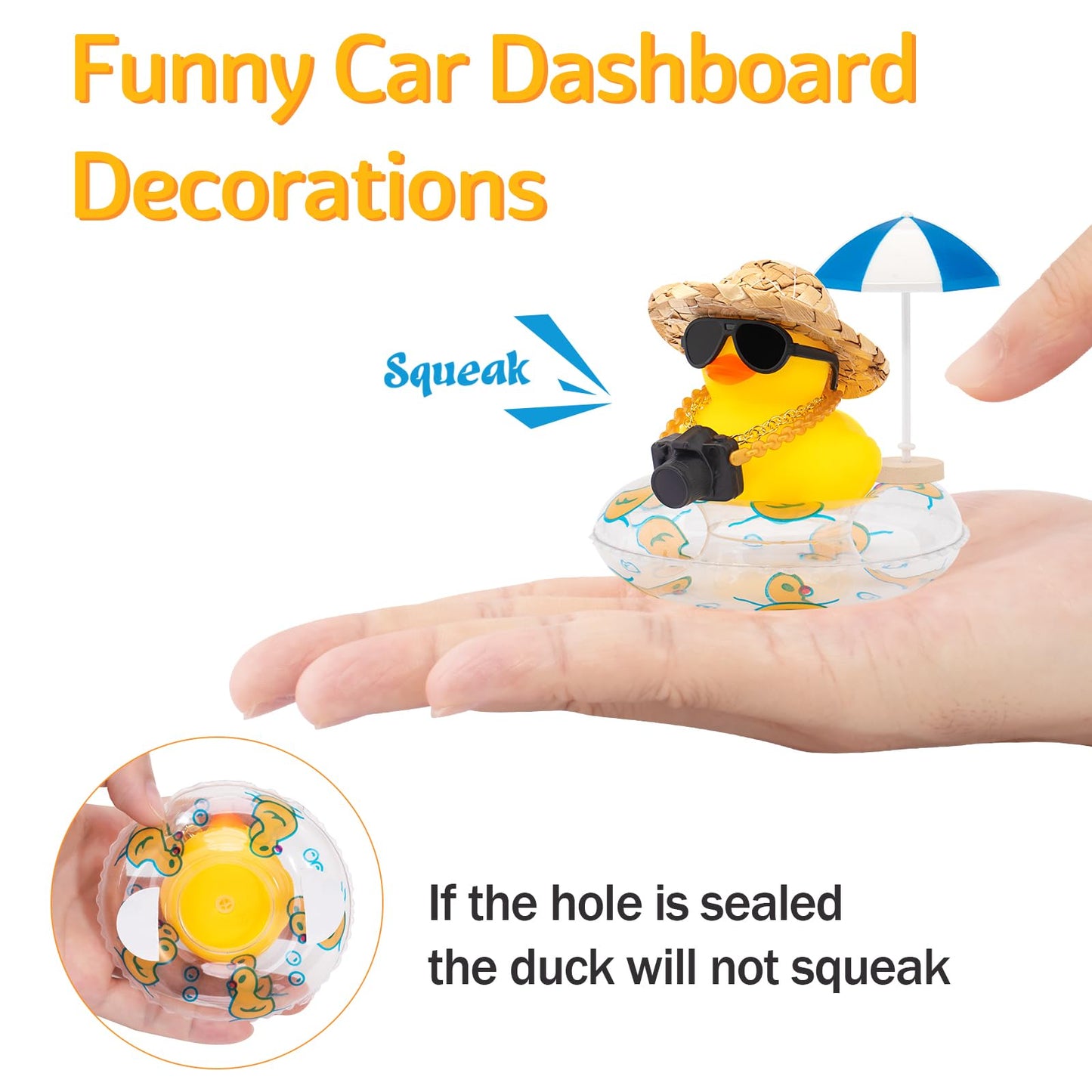 wonuu Car Rubber Ducks, Dashboard Decorations Swimming Duck for Car Ornament Accessories with Straw Hat, Glasses, Sunglasses, Sun Umbrella, Swim Ring, Mini Camera Dolphin Ring Yellow