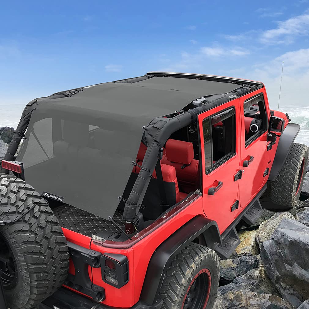 Shadeidea JK Sun Shade Top Compatible with Jeep Wrangler JKU Top Sunshade Soft Mesh Roof Cover (2007-2018)- Wind Noise UV Blocker -10 Year Warranty -4 Door -Gray -Front&Rear&Back (Full Length)