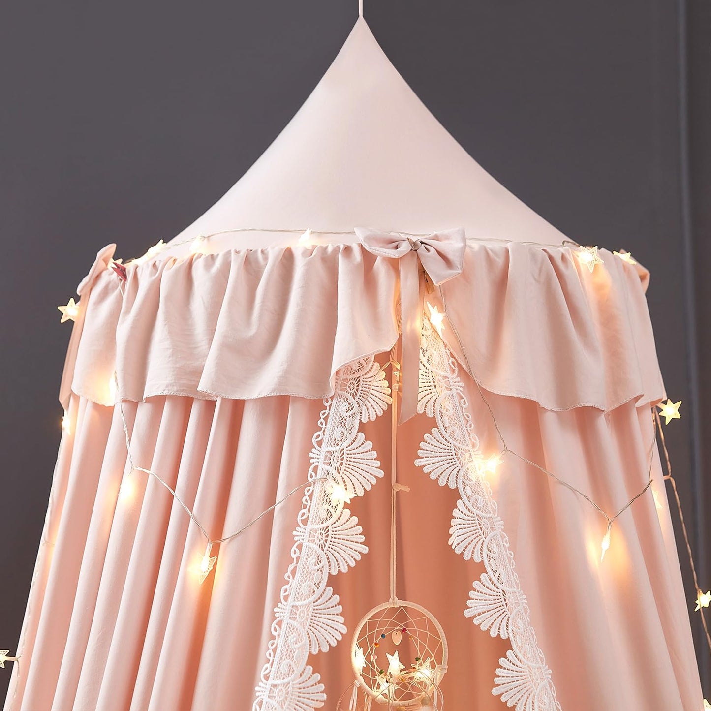 Kertnic Bed Canopy for Girls, Ruffled Soft Pink Princess Canopy Dreamy Bow Decor, Bed Canopies for Kids Room, Hanging Canopy Bedding Drapes Toddler Reading Nook Play Tent (Pink)