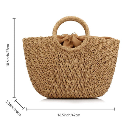 Bryqona Large Woven Straw Tote with Round Handle for Women, Retro Style Hobo Purse, Spacious Summer Beach Bag for Travel (khaki)