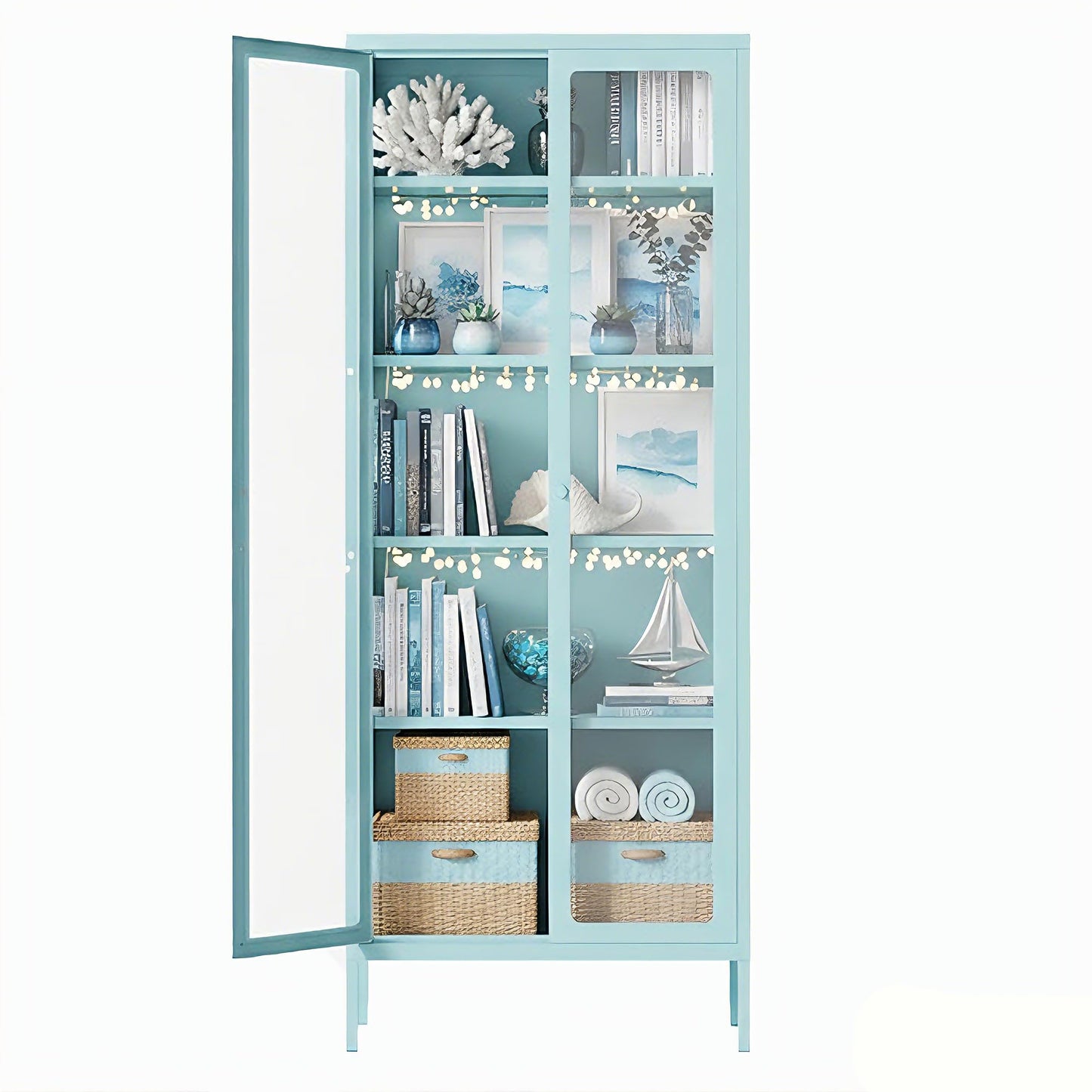 Bonusall Display Cabinet with Glass Doors,67” Metal Display Curio Cabinet with Glass Doors and 4 Adjustable Shelves for Collectibles,Home Office,Living Room,Gaming Room(Blue)