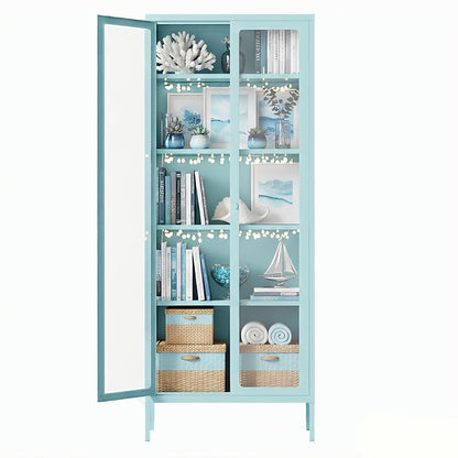 Bonusall Display Cabinet with Glass Doors,67” Metal Display Curio Cabinet with Glass Doors and 4 Adjustable Shelves for Collectibles,Home Office,Living Room,Gaming Room(Blue)