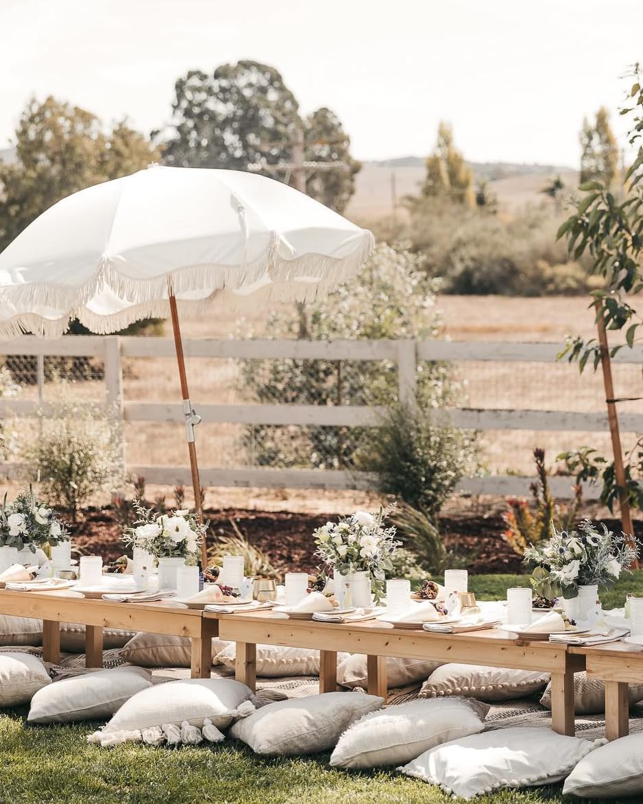 Business & Pleasure Co. Premium Beach Umbrella - Luxury Boho Beach Umbrella with White Fringe, UPF 50+ UV, Wood Pole, 6' x 7', Antique White