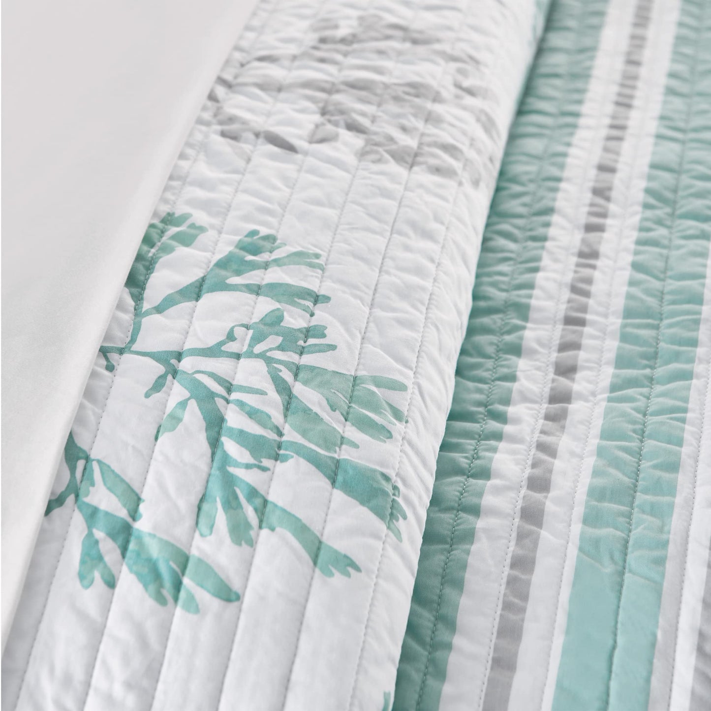 Levtex Home - Truro Spa Quilt Set - Full/Queen Quilt and Two Standard Shams - Stripe - Spa, Grey and White - Quilt (88x92in.) and Shams (20x26in.) - Reversible - Cotton