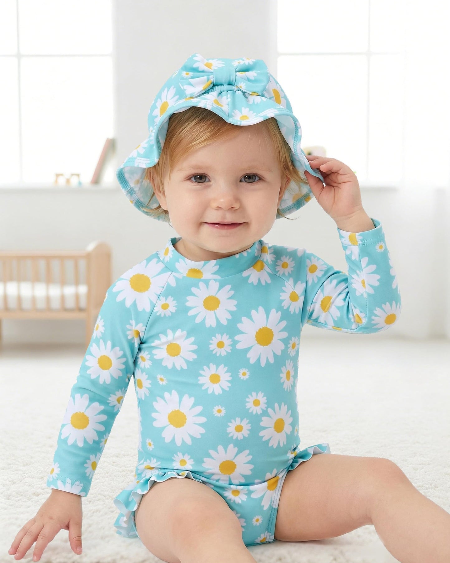 SODLON Baby Swimsuit Girl 3-6 Months Infant Long Sleeve Girls One-Piece Bathing Suit Ruffle Blue Daisy Newborn Swimwear with Hat & Headband Rash Guard Baby Beach Essentials