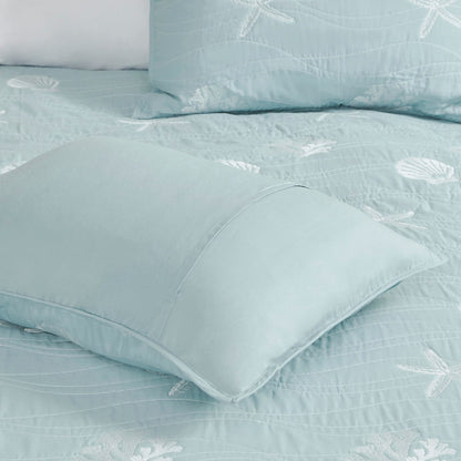 Harbor House Seaside Reversible Cotton Quilt Set Coastal Clam, Starfish, Coral Embroidery, All Season, Pre-Washed Coverlet Bedding Layer, Decorative Pillow, King/Cal King(108"x90") Seafoam 4 Piece