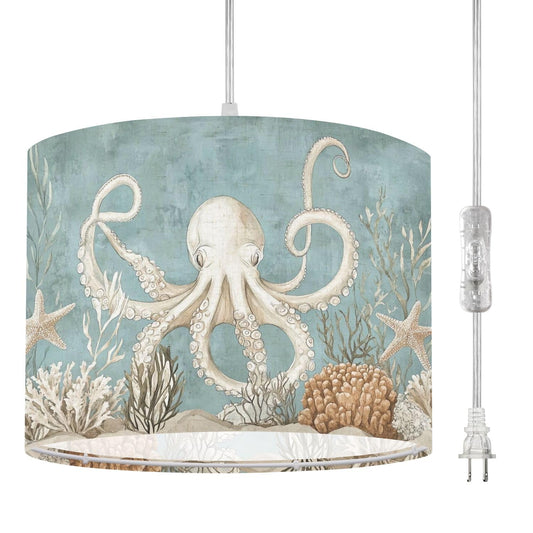 Plug in Pendant Light Beach Decor Ocean Sea Turtle Octopus Coastal Teal Vintage Whale Hanging Light with Plug in Clear Cord Dimmable Switch Linen Shade Hanging Lamp Fixture for Bedroom Kitchen