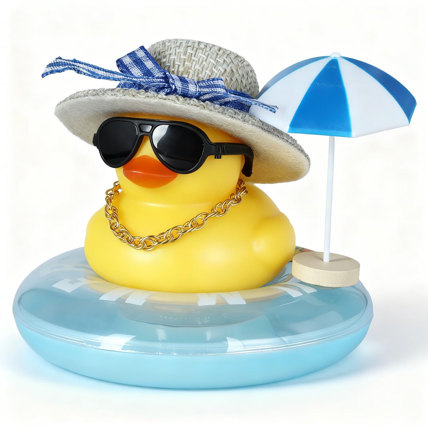 Rubber Duck with Blue Hat, Swimming Ring, Sunglasses, Gold Necklace & Sun Umbrella - Cute Car Decor for Jeep, Summer Beach Party, Home Desk Decoration, DIY Accessories