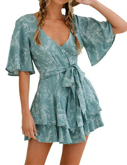 Relipop Women's V Neck Summer Romper Floral Half Sleeves Waist Tie Jumpsuits Wide leg Ruffle Vacation Casual Rompers Outfit Lake Blue Medium