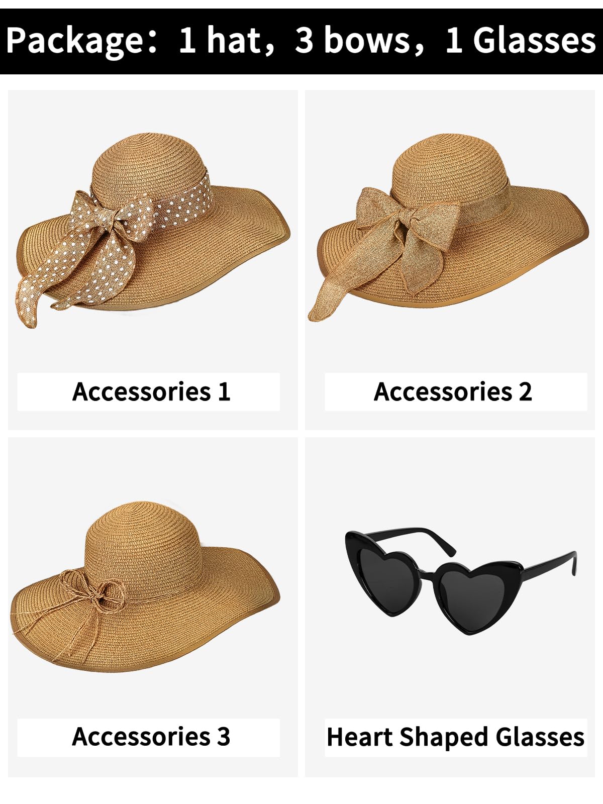 Senker Fashion Sun Hats for Women, Wide Brim Floppy Beach Straw Hat for Summer Travel Vacation Foldable with Sunglasses Khaki