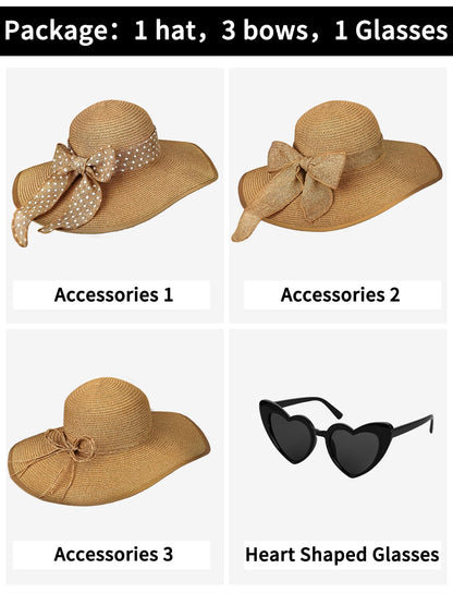 Senker Fashion Sun Hats for Women, Wide Brim Floppy Beach Straw Hat for Summer Travel Vacation Foldable with Sunglasses Khaki