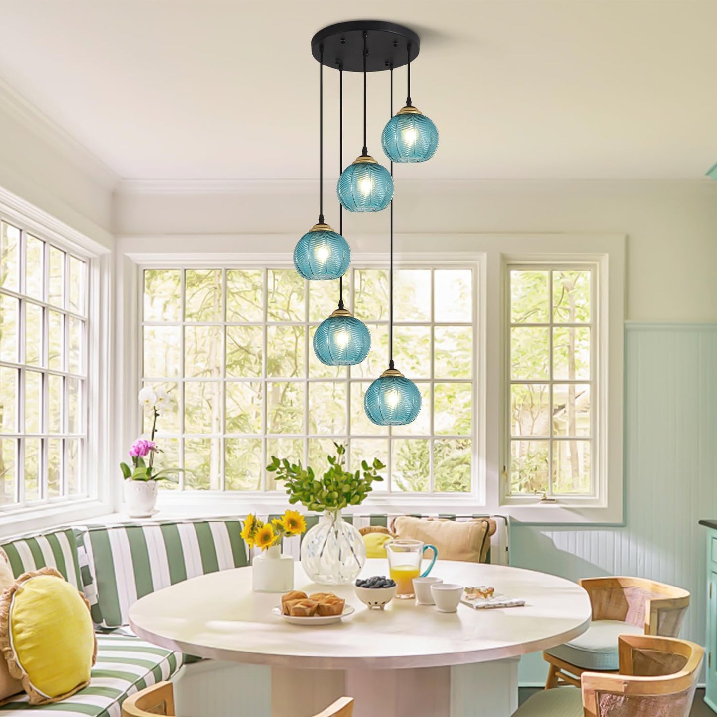 KCO Lighting Modern Blue Glass Chandelier Globe Cluster Pendant Light Black and Gold Kitchen Pendant Lighting Nordic Ribbed Glass Pendant Light Large Round Chandelier