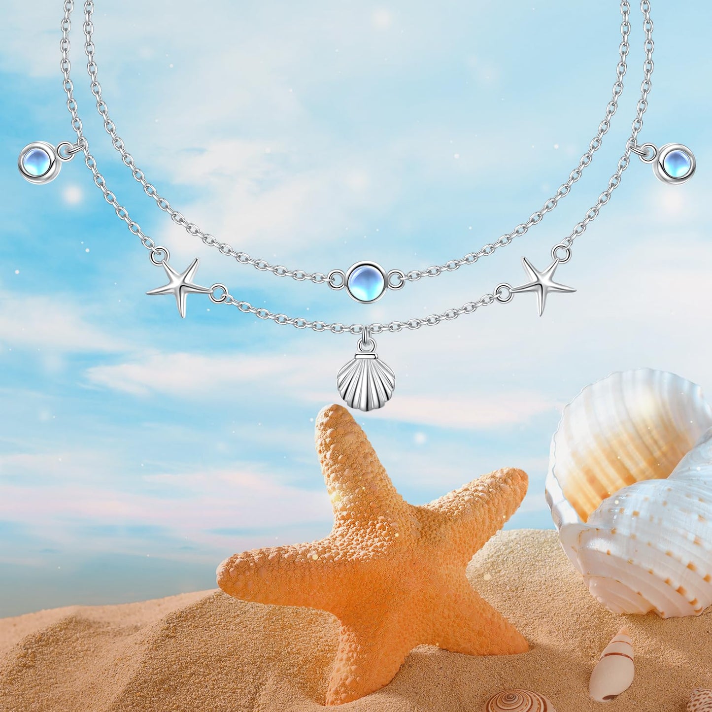 Ladytree Starfish and Shell Layer Anklet for Women S925 Sterling Silver Beads Charm Foot Chain Created Moonstone Boho Beach Double Layer Anklets Bracelet Adjustable 9 to 10.5 inches