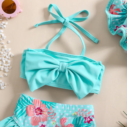 Aimaopao Baby Girls Swimsuit Infant Toddler Girl Bathing Suit Bikini Two Piece Swimwear with Hat (Blue Floral, 6-12 Months)